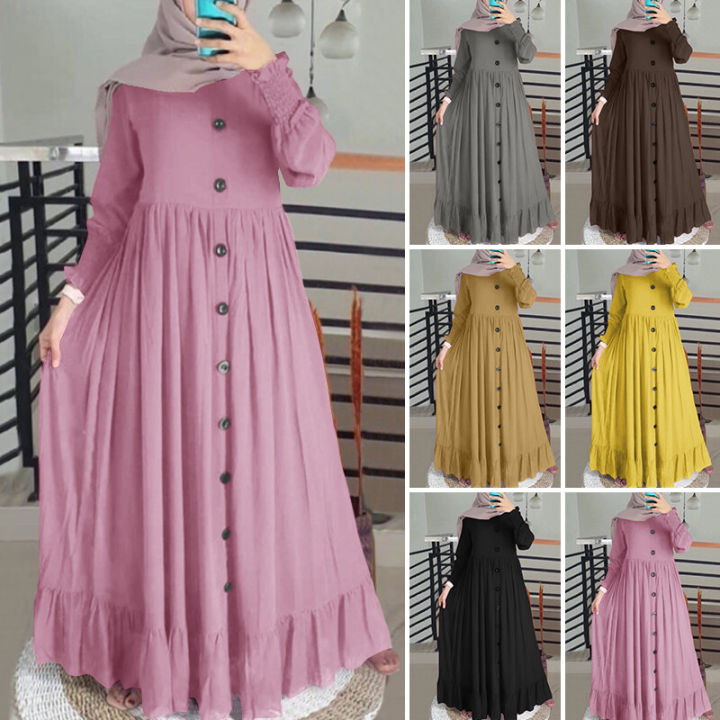 ZANZEA%20Muslimah%20Women%20Muslim%20Solid%20Long%20Puff%20Sleeve%20Ruffles%20Hem%20Button%20Down%20Abaya%20Dress%20-%20Image%204