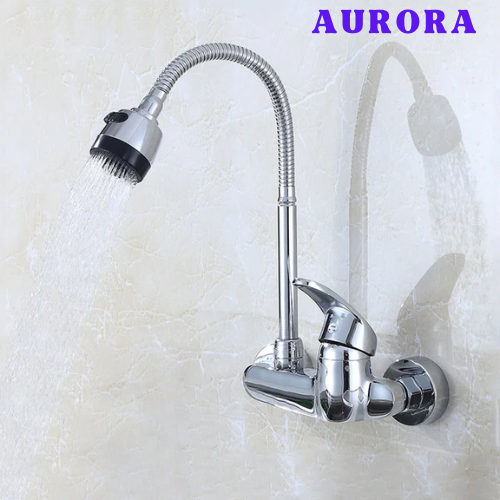 Wall Mounted Single Handle Kitchen Sink Faucet 360 Degree Swivel Flexible Pipe New Cold Water Mixer Tap Wash Basin Tap Dual Hole
