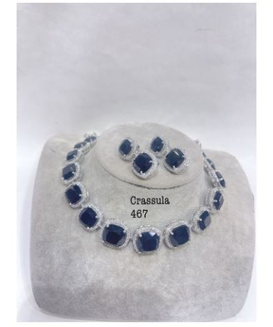 Crassula Blue, elegant Blue stone studded diamond replica necklace set for women -SANDY001B