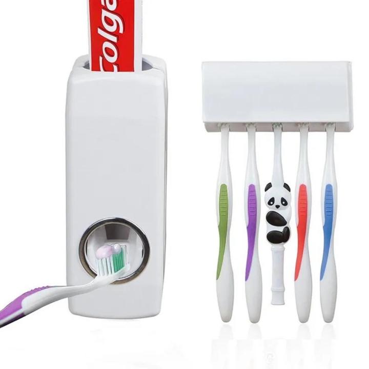 Toothpaste Dispenser Touch Me Toothpaste Dispenser With Toothbrush Holder Tooth Paste Dispenser Tooth Brush Holder Washing Gloves Bathroom Accessories Bath Room Corner Shelf Rack Airpods Earphone earpods air pods Home Decoration Home Decor Bangladesh BD