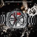 Rotation Wheel Watch for Man Spinning Rim Hub Quartz Wristwatch Luxury Full Black Stainless Steel Reloj  Male Rotating Skeleton Dial Clock. 