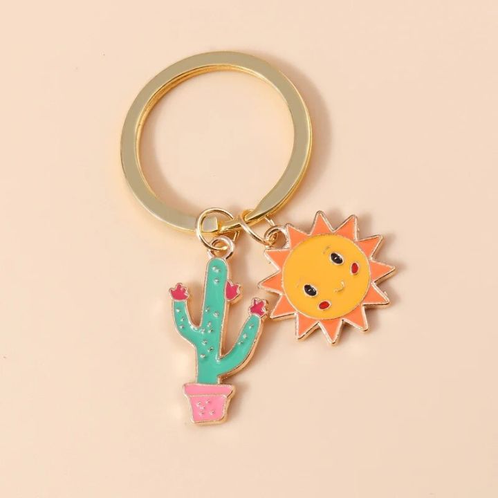 Cute Smile Sun Keychains Enamel Plant Cactus Charms Keyrings Women Men Handbag Pendants Key Chains Accessories DIY Jewelry Gifts