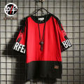 super Fire Ribbon Hooded  Hop Short Sleeve  Hop Fashion T-shirt Men's Fake Two-piece Street Bf Loose Five Sleeve T-shirt. 