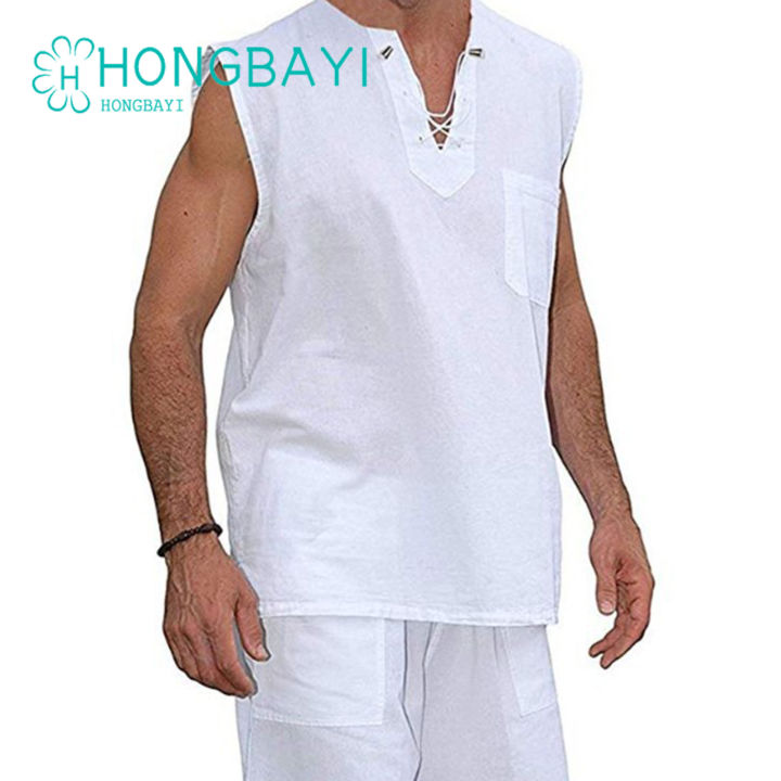 Men%20Shirt%20Solid%20Color%20V%20Neck%20Loose%20Lace%20Up%20Summer%20Top%20for%20Daily%20Wear%20-%20Image%202