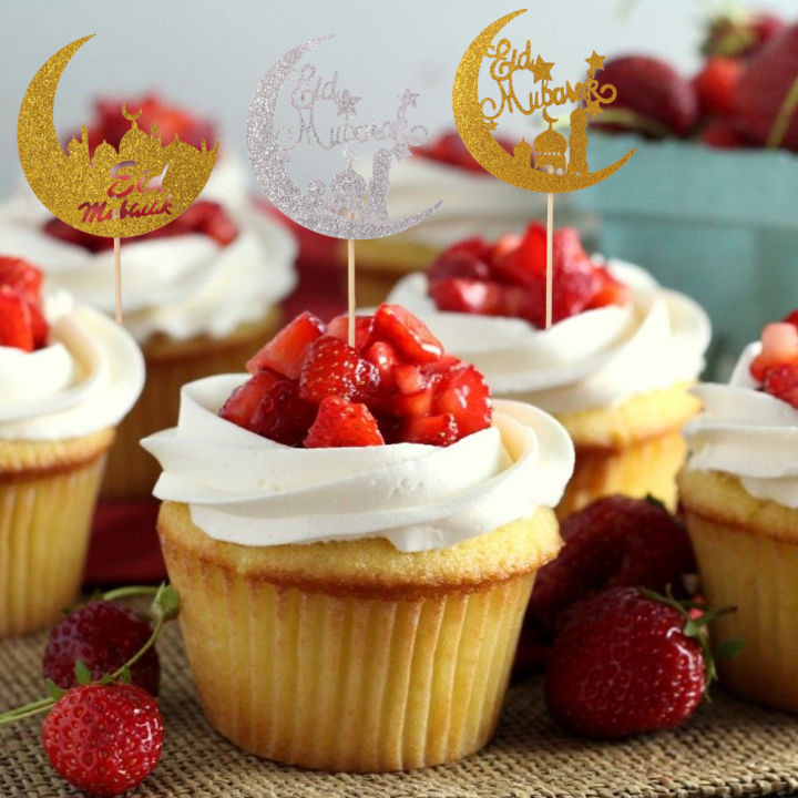 6pcs Eid Mubarak Cupcake Toppers Moon Mosque Pattern Cake Topper Ramadan Decoration party supplies