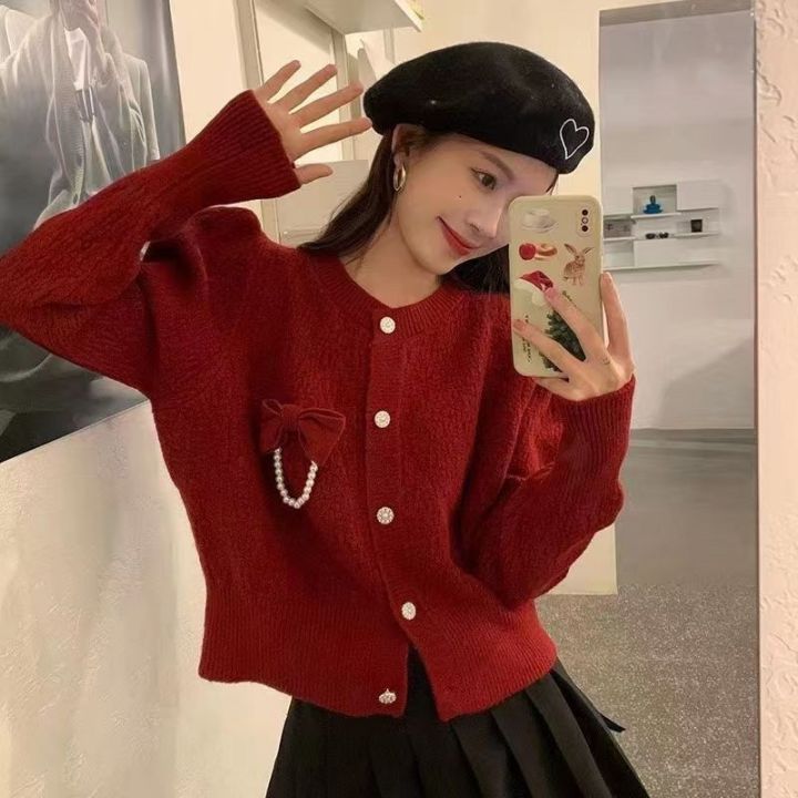Sweet Elegance round Neck Sweater Cardigan Bow Pearl Pin Design French Style Sweater Coat