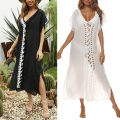 V-Neck Hollow Out Cover Up Woman Swimsuit Side Split Short Sleeve Beach Midi Dress 2023 Ladies Knit Bikini Cover-Ups Dress.