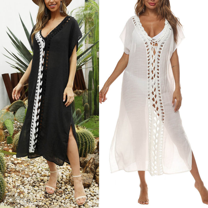 V-Neck%20Hollow%20Out%20Cover%20Up%20Woman%20Swimsuit%20Side%20Split%20Short%20Sleeve%20Beach%20Midi%20Dress%202023%20Ladies%20Knit%20Bikini%20Cover-Ups%20Dress%20-%20Image%203