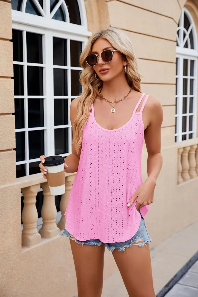 Soesdemo Women's Keyhole V-Neck Tank Top - Loose Fit Sleeveless Blouse (Floral/Solid) - View #4