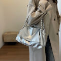 Casual soft face large capacity bag women's 2024 new popular versatile chain crossbody bag silver shoulder bag.