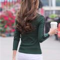 #0346 Black Grey Green Spliced Color Long Sleeve T Shirt Women Casual Tight T Shirt Female Knitted Cotton Tshirt Korean Style.