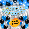 Happy Birthday Decoration Combo Pack – With Light Blue Paper Birthday Banner, Silver Foil Backdrop Curtain, Blue, Black & Silver.