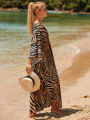 Summer Tiger Striped Print Bat Sleeves Side Split Beach Dress Plus Size Kaftan Swimsuit Bikini Cover-ups Women Beach Wear House Foocus. 