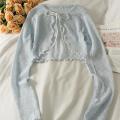 Women Frenum Cardigan Blouses and Tops Bow Lace Up Long Sleeve Crop Top Female Elegant Shirt Thin Aesthetic Clothes Korean Style. 