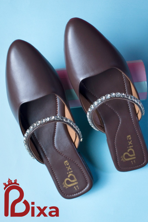 Shoe For Women Dark Brown Chocolate Stoned Flat Shoe For Women With Artificial Lather