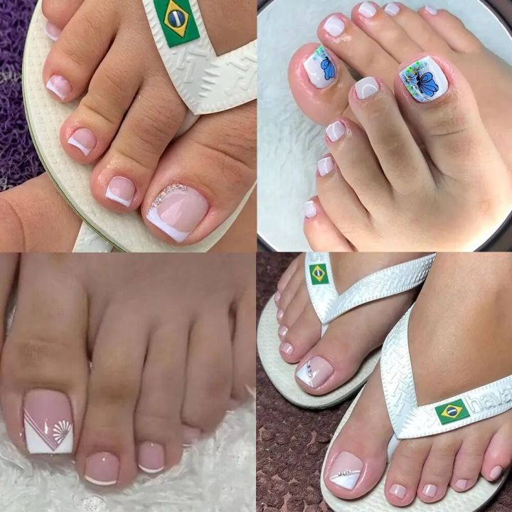 24pcs French Toenails White Edge Full Cover Short Square Toe Nails Foot Nails Tips for Women Girl