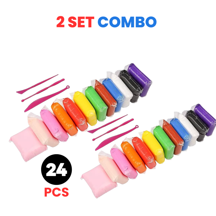 24 PCS Colorful Clay Set (2 Set Combo) with Modeling Tools for Kids – Soft & Non-Toxic Clay