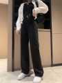 Off-White Micro Wide-Leg Jeans Women's High Waist Slimming Loose Apricot All-Match Draping Elastic Waist Student Black Pants.