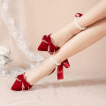 French Xiuhe Wedding Dress Two-Way Wedding Shoes Summer Women's Bridal Shoes Stiletto Toe Box Sandals Women's Pearl Red High Heels.