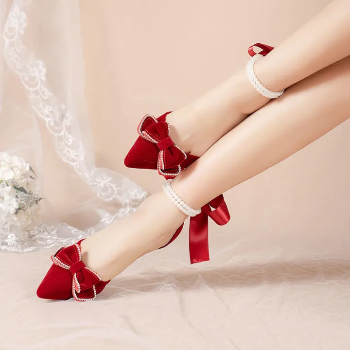 French%20Xiuhe%20Wedding%20Dress%20Two-Way%20Wedding%20Shoes%20Summer%20Women's%20Bridal%20Shoes%20Stiletto%20Toe%20Box%20Sandals%20Women's%20Pearl%20Red%20High%20Heels%20-%20Image%204