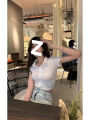 Pure Hot Girl White Shirt Short Slim-Fit Shoulder T T-shirt Pleated Waist Tight Shirt Short Sleeve Design Blouse.