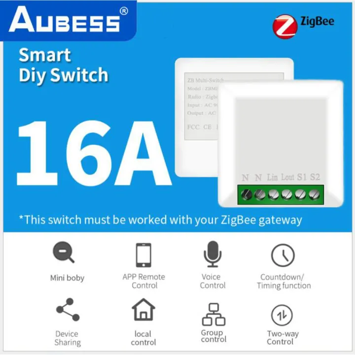 Aubess Tuya ZigBee 3.0 Mini 16A Smart Switch Supports 1/2 Way Control Work With Ewelink SmartThings Hub Voice Control Alexa Google Home