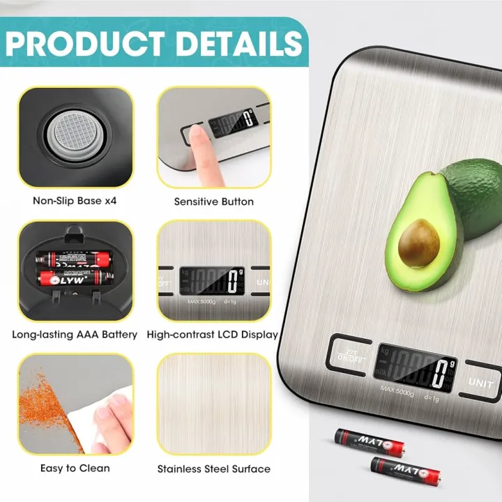 Food%20Scale%20Digital%20Kitchen%20Scale%2011lb%20Stainless%20Steel%20Food%20Weight%20Scales%20for%20Cooking%20Baking%20with%206%20Units%20Tare%20Function%20-%20Image%202
