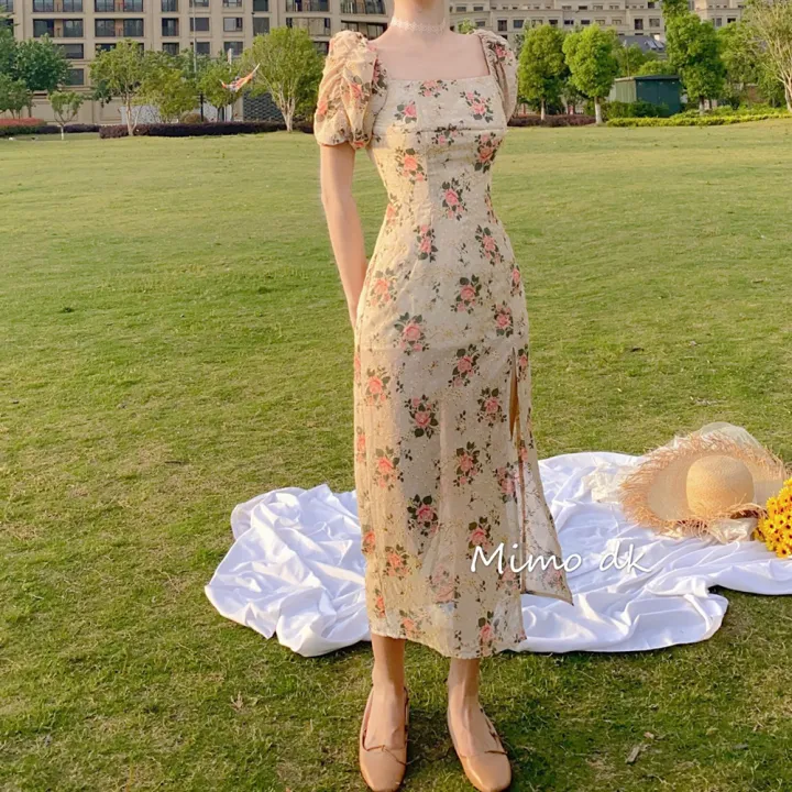 Yfashion%20Basic%20Sweet%20Floral%20%20Dress%20Square%20Neck%20Puff%20Sleeve%20High%20Waist%20Pullover%20Short%20Sleeve%20d-length%20Skirt%20A-line%20Skirt%20Split%20Dress%20color:Color%20size:S%20-%20Image%204