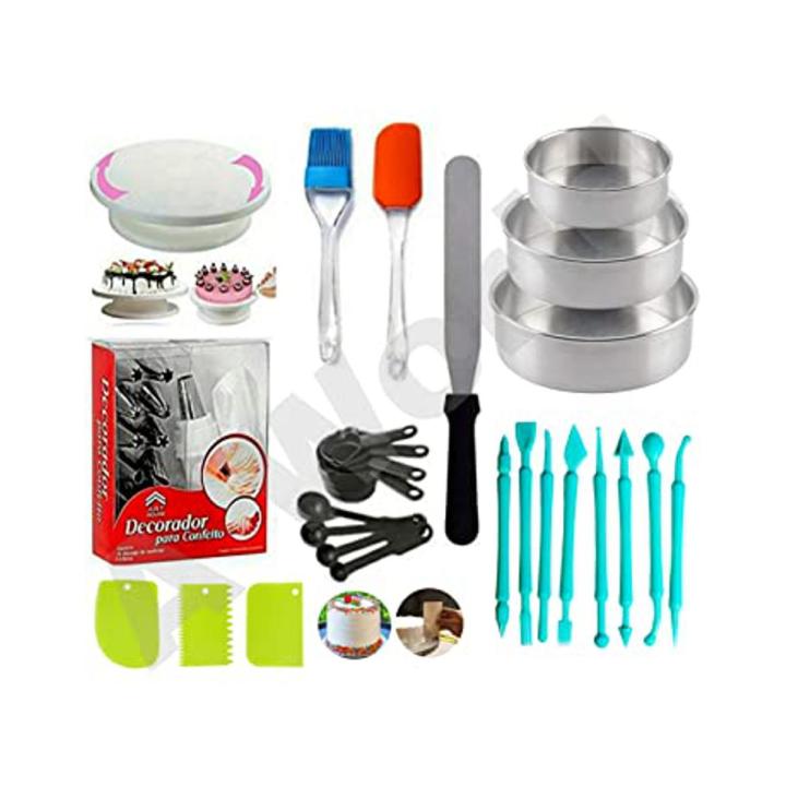 Cake Making Supplies Cake Turntable, Nozzle Set, Measuring Cup & Spoon, Scraper, 3 in 1 Aluminium Round Cake Moulds, Stainless Steel Pallet Knife and 8 pcs Fondant Tools