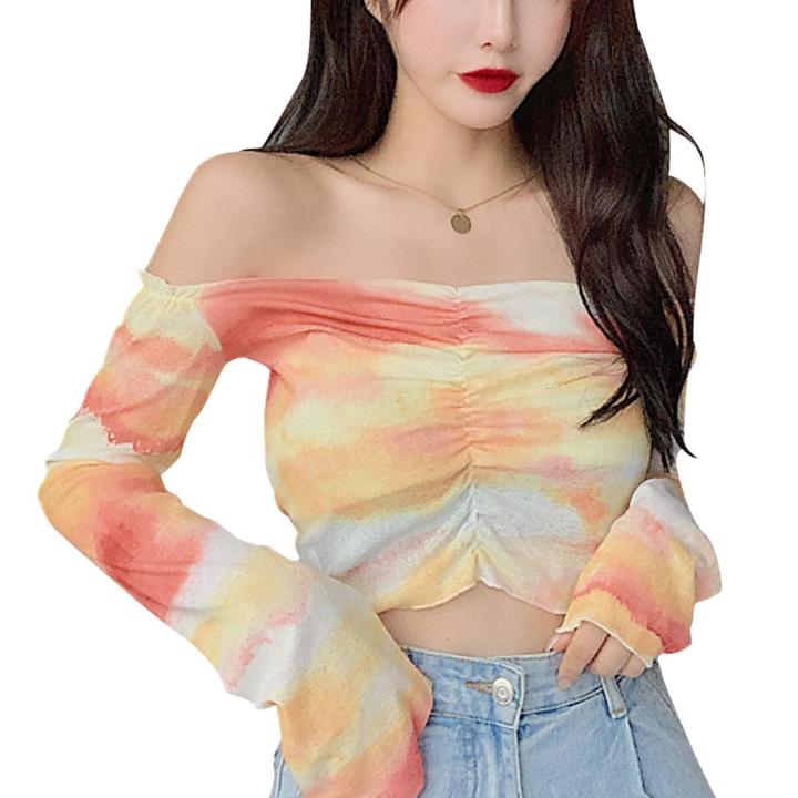 Women Casual Long Sleeve T-shirt Fashion Tie-dye Printed Boat Neck Exposed Navel Tops