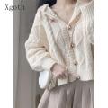Spring and Autumn Horn-button Hooded Knit Sweater Coat Women Loose Outside Crop Top Gentle Soft Preppy Style White Cardigan. 