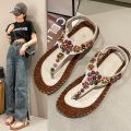 Sandals Women's 2023 New Women's Shoes Spring Bohemian Clip Foot Flat Sandals Women's Beaded Beach Shoes Women's Korean Version.