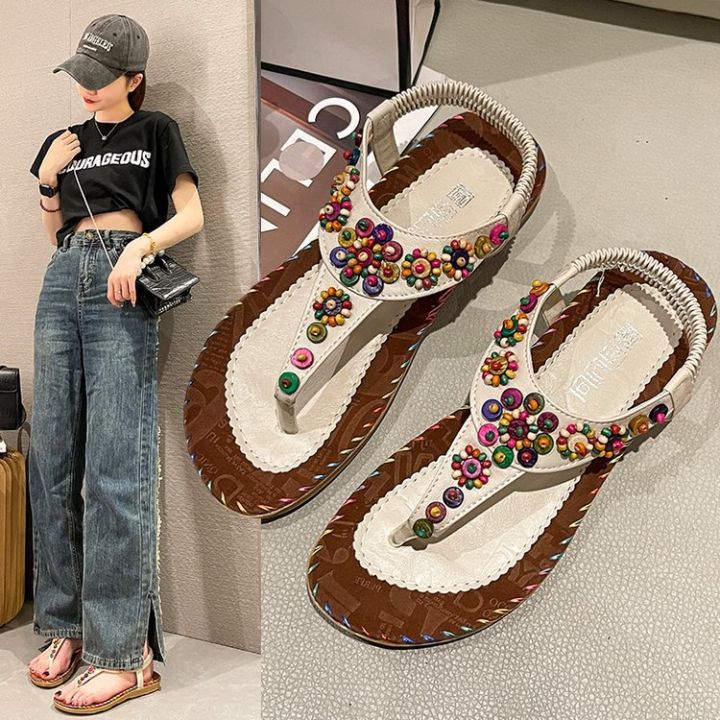 Sandals Women's 2023 New Women's Shoes Spring Bohemian Clip Foot Flat Sandals Women's Beaded Beach Shoes Women's Korean Version