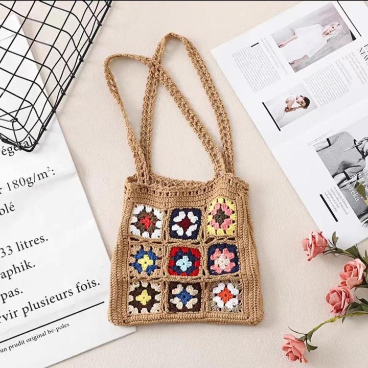 Grid pattern Crochet shoulder bag Fashionable Handmade Summer Handmade handbag Crochet Shoulder bag Grid pattern bag for Leisure Casual Shopping Daily use Gifts