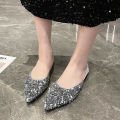Glittering fairy style evening toe sandals 2024 summer new sequined pointed toe back hollow flat slippers women.