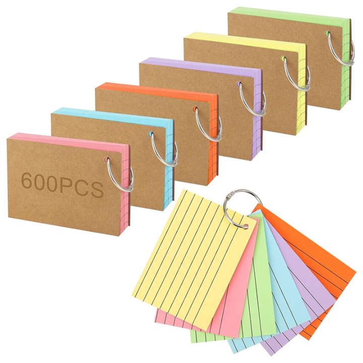 JDXHLAU 600 Pcs Index Cards with Ring, 3 X 4 Inch Colored A7 Colorful Flash Cards with Ring Underline Study Cards
