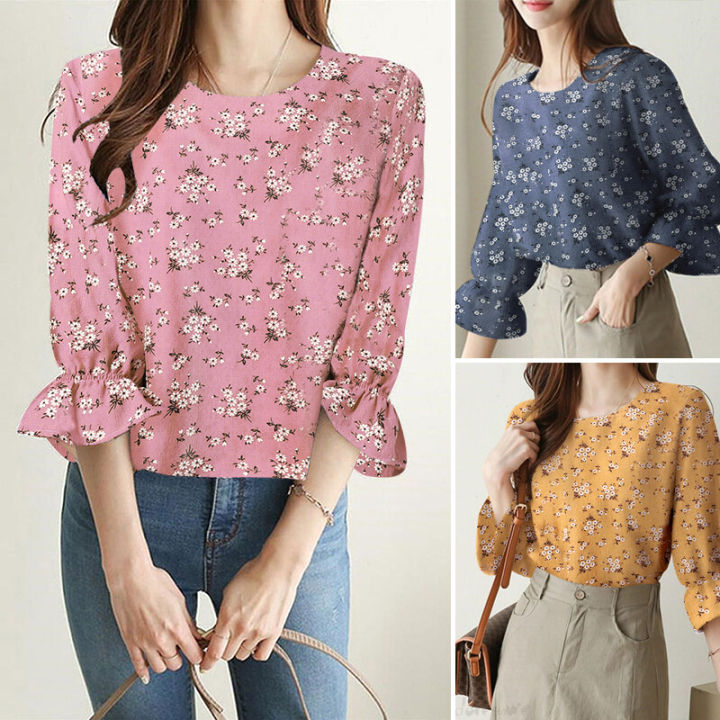 ZANZEA%20Korean%20Style%20Women%20Floral%20Printed%20Tops%20Ruffle%203/4%20Sleeve%20Office%20Lady%20Shirt%20Blouse%20-%20Image%205