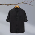 Cross-border new summer men's cotton and linen crepe solid color men's shirt Chinese style stand collar casual men's loose shirt. 