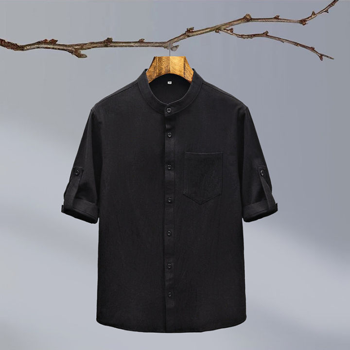 Cross-border%20new%20summer%20men's%20cotton%20and%20linen%20crepe%20solid%20color%20men's%20shirt%20Chinese%20style%20stand%20collar%20casual%20men's%20loose%20shirt%20-%20Image%206
