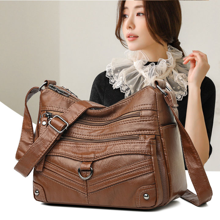 Cross-border middle-aged women's bags, new bags, middle-aged and elderly one-shoulder crossbody bags, multi-layer large-capacity soft leather money collection business bags