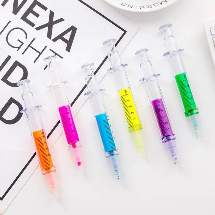 90Pcs Syringe Highlighter Pen Syringe Needle Shape Mechanical Color Ballpoint Pen For Office School Marker Writing Tool 6 Colors