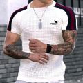 Men's Spring Summer New Waffle Pattern Shirt For Men Pullovers High-quality Casual Knitted Heavy Round Neck Top Tees.