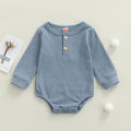 Baby’s Casual Long Sleeve Romper Fashion Solid Color Button Round Neck Triangle Jumpsuits. 