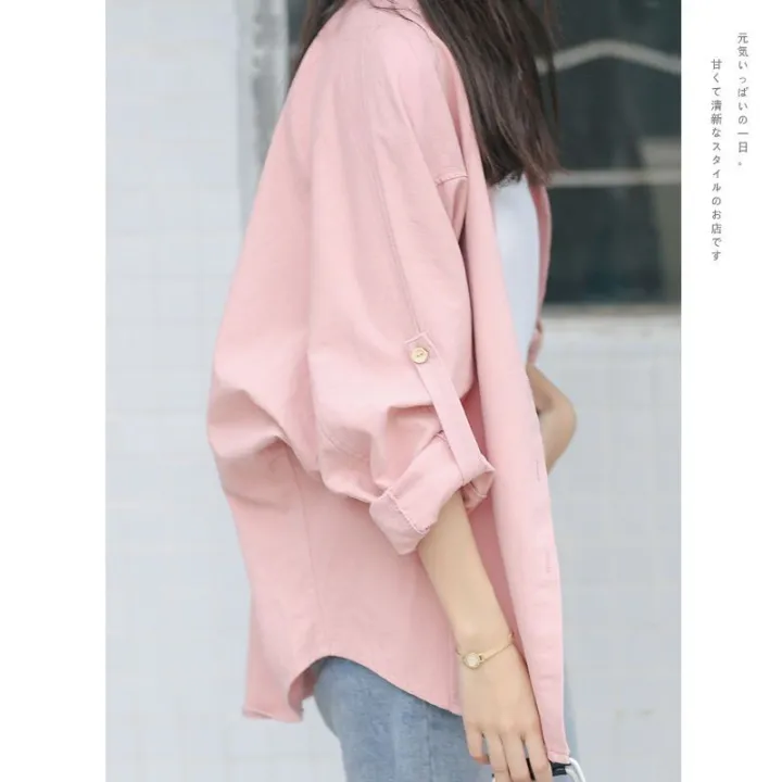 Pink%20Shirt%20Women's%20Loose%20Spring%20Clothes%20Korean%20Style%20Batwing-Sleeved%20Blouse%20Top%20Versatile%20Long%20Sleeve%20Shirt%20-%20Image%205