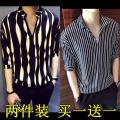 Online Red VIP Shirt Social Casual Korean Style Trend Hair Stylist Striped Pullover Shirt. 