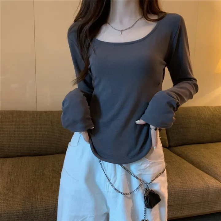 Women%20Long%20Sleeve%20Square%20Neck%20T-Shirt%20Spring%20And%20Autumn%20New%20Irregular%20Hem%20Slim%20Casual%20Top%20Girl%20Bottom%20Shirts%20-%20Image%202