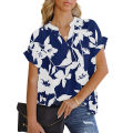 Summer New Women's Loose Printed Short Sleeve V Collar Button Chiffon Shirt.