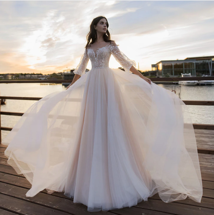 Boho Beach Wedding Dresses Lace Appliques Sweetheart Half Sleeves Bridal  Gown Tulle IllusionRobe De Mariée Custom Made