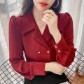 119 Red Shirt Women's Spring Clothes 2022 New Elegant Double Breasted Puff Sleeve Business Shirt Retro Hong Kong Style Top. 