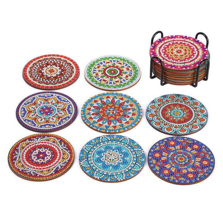 painting technique painting coasters Handmade Beginner-friendly 8 pcs set DIY mandala coasters Mandala design With holder Art craft coasters for Home decor Craft projects Gifts for art enthusiasts
